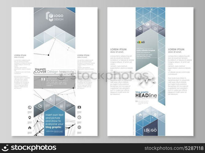 Blog graphic business templates. Page website design template, easy editable abstract vector layout. Geometric blue color background, molecule structure, science concept. Connected lines and dots. Blog graphic business templates. Page website design template, easy editable abstract vector layout. Geometric blue color background, molecule structure, science concept. Connected lines and dots.
