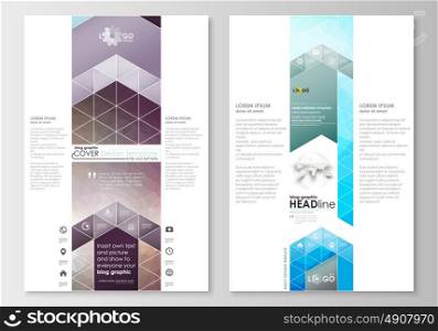 Blog graphic business templates. Page website design template, easy editable, flat layout. Abstract triangles, blue triangular background, colorful polygonal pattern.. Blog graphic business templates. Page website design template, easy editable, abstract flat layout. Abstract triangles, blue triangular background, colorful polygonal pattern.