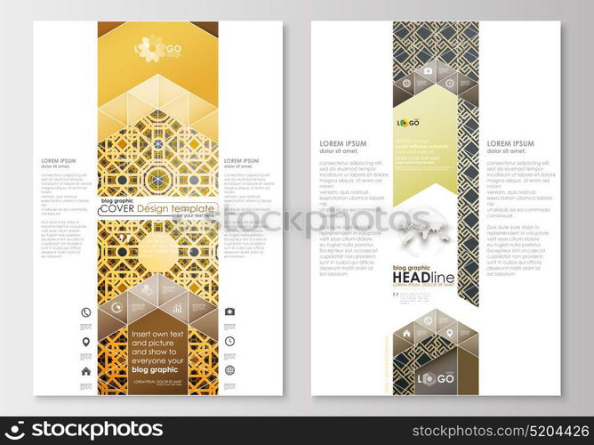 Blog graphic business templates. Page website design template, easy editable, flat layout. Islamic gold pattern, overlapping geometric shapes forming abstract ornament. Vector golden texture. Blog graphic business templates. Page website design template, easy editable, abstract flat layout. Islamic gold pattern, overlapping geometric shapes forming abstract ornament. Vector golden texture.