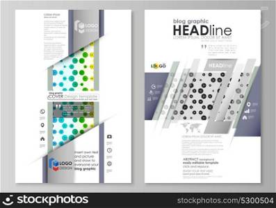 Blog graphic business templates. Page website template, abstract vector layout. Chemistry pattern, hexagonal design molecule structure, scientific, medical DNA research. Geometric colorful background.. Blog graphic business templates. Page website template, abstract vector layout. Chemistry pattern, hexagonal design molecule structure, scientific, medical DNA research. Geometric colorful background