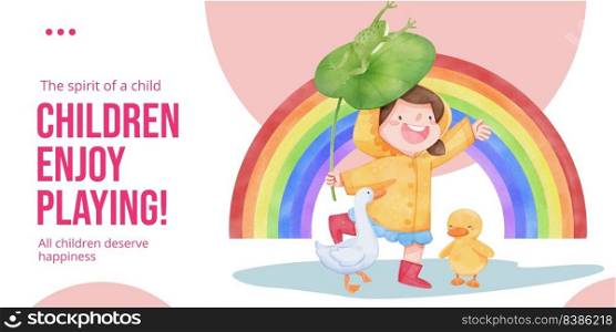 Blog header template with children rainy season concept,watercolor style 