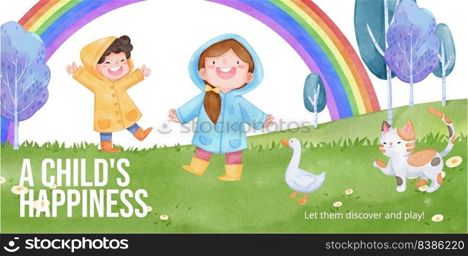 Blog header template with children rainy season concept,watercolor style 