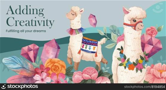Blog header template with cute boho alpaca concept,watercolor style 