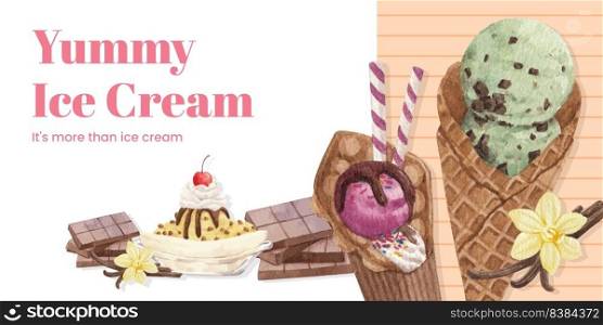 Blog header template with ice cream flavor concept,watercolor style
