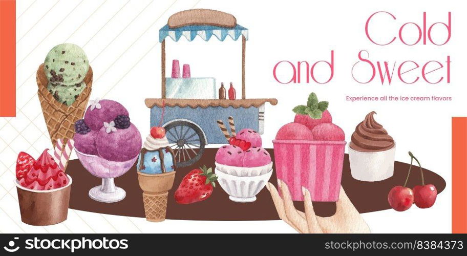 Blog header template with ice cream flavor concept,watercolor style 