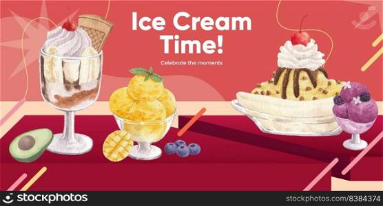 Blog header template with ice cream flavor concept,watercolor style 