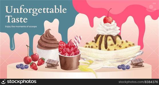 Blog header template with ice cream flavor concept,watercolor style
