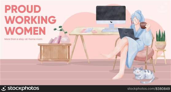 Blog header template with woman work from home concept,watercolor style 