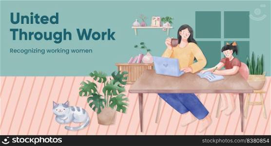 Blog header template with woman work from home concept,watercolor style 