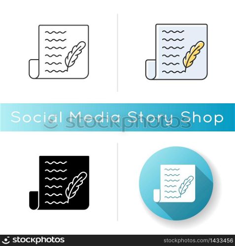Blog icon. Writing personal diary. Feather pen symbol on sheet of paper. Personal diary. Novel manuscript, literature education. Linear black and RGB color styles. Isolated vector illustrations. Blog icon