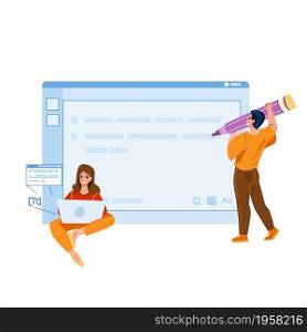 Blog Management Blogger Online Occupation Vector. Blog Management And Article Writing Man And Woman On Internet Web Site Page. Characters Blogging Social Media Flat Cartoon Illustration. Blog Management Blogger Online Occupation Vector