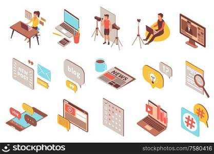 Blog set with isometric icons and compositions of communication pictograms and human characters with thought bubbles vector illustration