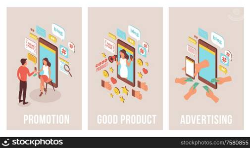 Blogger advertising isometric set of three vertical banners with images of smartphones people and text pictograms vector illustration