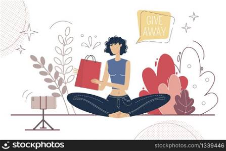 Blogger Audience Engaging, Product Advertising, Brand Promotion Campaign Concept. Beauty Blogger Promoting Giveaway Event, Recommending Goods for Follower, Subscriber Trendy Flat Vector Illustration