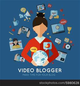 Blogger concept with internet communication flat icons set vector illustration. Blogger Flat Illustration