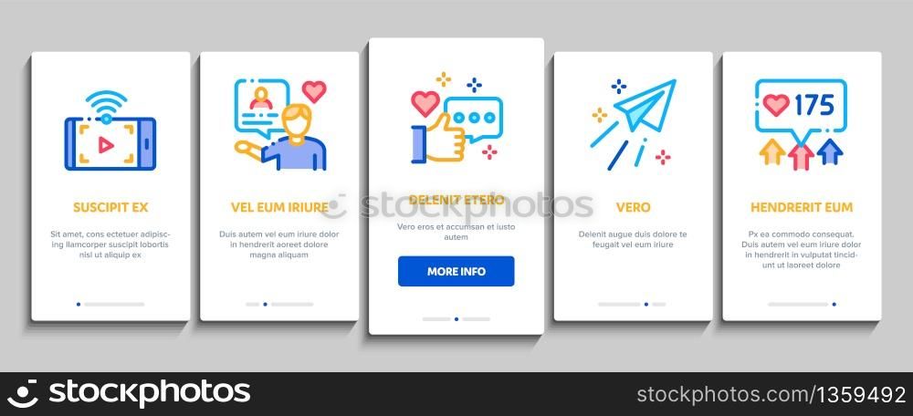 Blogger Internet Social Channel Onboarding Mobile App Page Screen Vector. Blogger Web Site And Likes, Photo Camera And Bell, Loudspeaker And Magnet Color Contour Illustrations. Blogger Internet Social Channel Onboarding Elements Icons Set Vector