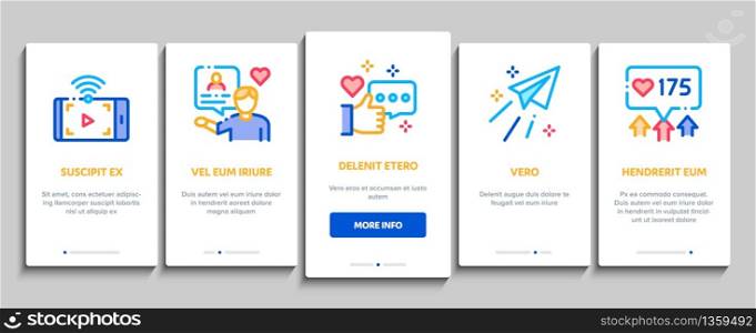 Blogger Internet Social Channel Onboarding Mobile App Page Screen Vector. Blogger Web Site And Likes, Photo Camera And Bell, Loudspeaker And Magnet Color Contour Illustrations. Blogger Internet Social Channel Onboarding Elements Icons Set Vector