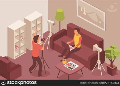 Blogger isometric composition with domestic environment furniture and video blog shooting process with faceless human characters vector illustration