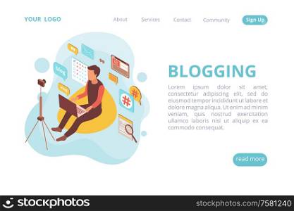 Blogger isometric web site landing page with human character and cloud of pictograms with clickable links vector illustration