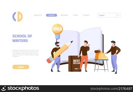 Blogger landing page. Business web template with professional journalists and writers working communicate with different persons vector. Illustration journalist education, blogger and journalism. Blogger landing page. Business web template with professional journalists and writers working communicate with different persons garish vector