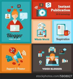 Blogger mini poster set with text and video services isolated vector illustration. Blogger Poster Set