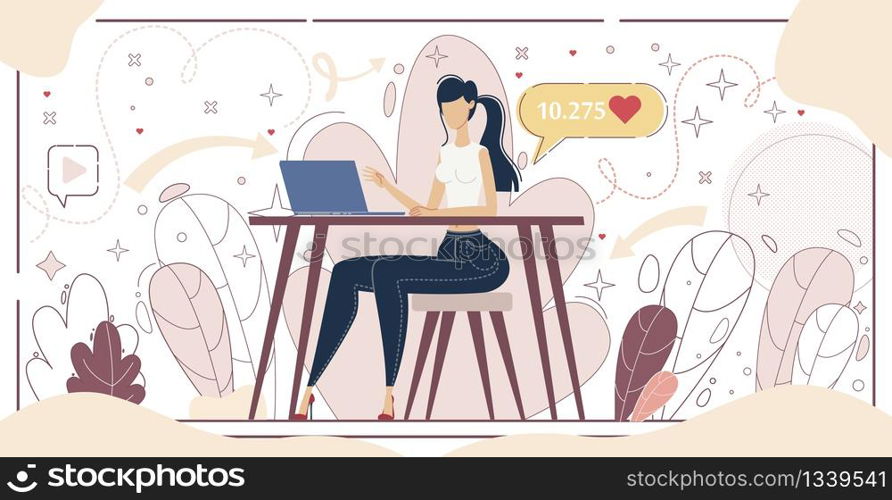 Blogger Popularity Growth, Internet Audience, Commenting and Rating Content Concept. Woman Sitting at Desk, Using Laptop, Liking and Sharing Posts in Social Network Trendy Flat Vector Illustration