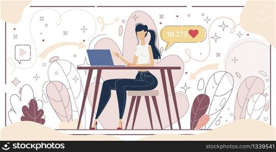 Blogger Popularity Growth, Internet Audience, Commenting and Rating Content Concept. Woman Sitting at Desk, Using Laptop, Liking and Sharing Posts in Social Network Trendy Flat Vector Illustration