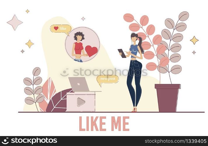 Blogger Popularity Growth, Posting Good Content Online, Hype in Social Network Concept. Woman Loading Video in Internet, Vlogger Subscriber Liking and Sharing Post Trendy Flat Vector Illustration