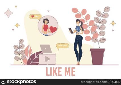 Blogger Popularity Growth, Posting Good Content Online, Hype in Social Network Concept. Woman Loading Video in Internet, Vlogger Subscriber Liking and Sharing Post Trendy Flat Vector Illustration
