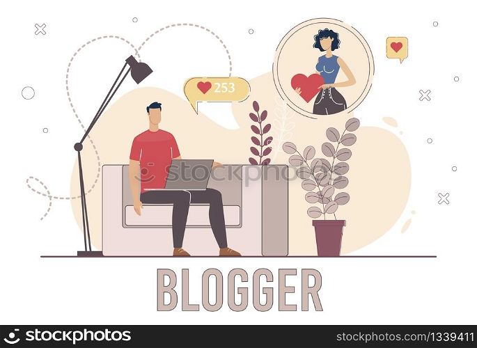 Blogger Popularity, Online Audience Positive Reaction, Follower Like Concept. Man Sitting at Armchair, Watching Video Online, Following Blogger, Commenting Content Trendy Flat Vector Illustration