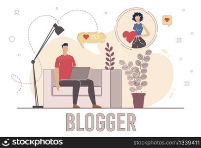 Blogger Popularity, Online Audience Positive Reaction, Follower Like Concept. Man Sitting at Armchair, Watching Video Online, Following Blogger, Commenting Content Trendy Flat Vector Illustration
