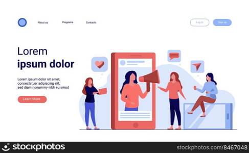 Blogger promoting product or service in social media vector illustration. Potential product consumer following influencer advice. Online engagement communication business, influence marketing