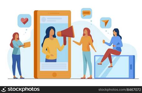 Blogger promoting product or service in social media vector illustration. Potential product consumer following influencer advice. Online engagement communication business, influence marketing