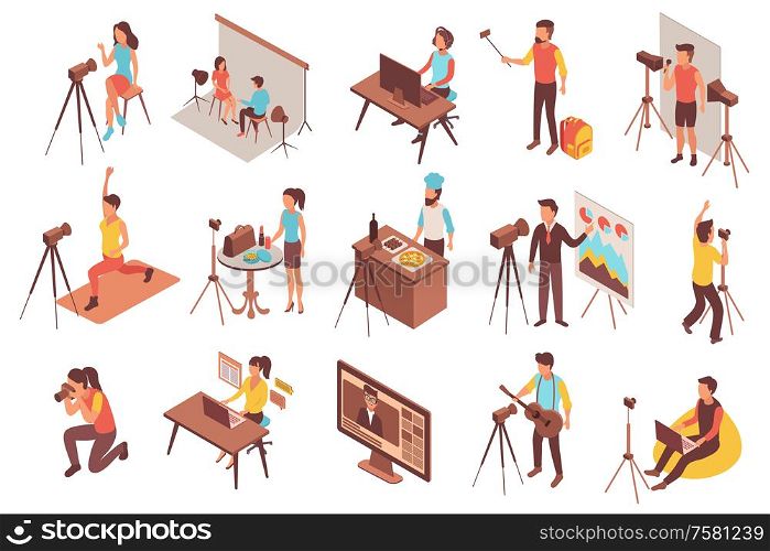Blogger set of isometric icons and isolated images of video blog production process with human characters vector illustration