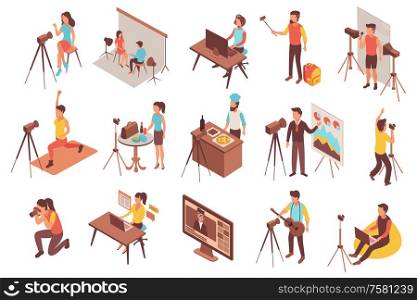 Blogger set of isometric icons and isolated images of video blog production process with human characters vector illustration