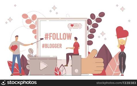 Blogger Video Channel Follower, Social Media Content Source Subscriber Concept. Man and Woman Characters Liking Photo and Video Online, Following, Subscribing to Vlog Trendy Flat Vector Illustration