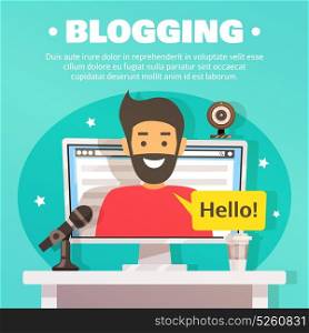 Blogger Workspace Background Illustration. Blogger composition with flat images of desktop computer web camera and microphone with male character on screen vector illustration