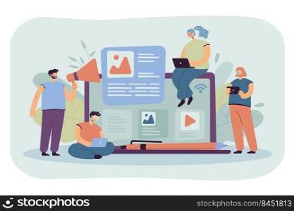 Bloggers and influencers writing articles and posting content. Blog authors using laptops, shouting at megaphone. For advertising on internet, SEO, marketing, online business concept