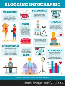 Bloggers characters popular video photo news fashion cooking topics presentation statistics examples comparison infographic poster vector illustration . Bloggers Characters Flat Infographic Poster