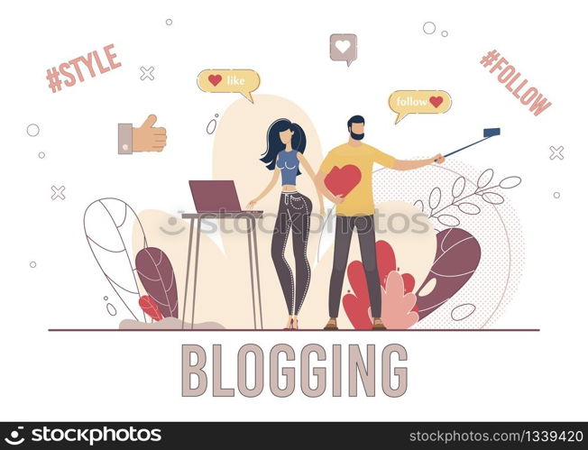 Bloggers Collaboration, Lifestyle Blogging, Popular Live Video Streamer Concept. Blogging People, Man and Woman Recording Vlog, Posting and Sharing Content Online Trendy Flat Vector Illustration