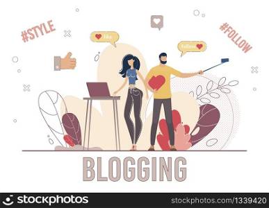 Bloggers Collaboration, Lifestyle Blogging, Popular Live Video Streamer Concept. Blogging People, Man and Woman Recording Vlog, Posting and Sharing Content Online Trendy Flat Vector Illustration