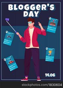 Bloggers day flat card with young guy leading online report using smartphone and selfie stick vector illustration. Bloggers Day Card