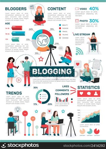 Bloggers people flat infographics with isolated images of people with laptops cameras colourful graphs and pictograms vector illustration. Blogging Media Activity Infographics