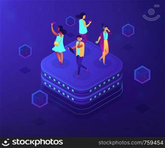 Bloggers using mobile phones and tablets walking on server. Social network behavior and digital society, blogger and trendsetter concept. Ultraviolet neon vector isometric 3D illustration.. Social network behavior concept vector isometric illustration.
