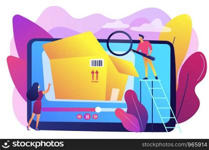 Bloggers with magnifier looking inside the box with new purchase video. Unboxing video, product review video, shopping device content concept. Bright vibrant violet vector isolated illustration. Unboxing video concept vector illustration.