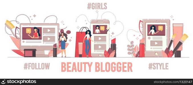 Blogging and Vlogging Set. Beauty Fashion Style Bloggers Presentation on Computer and Mobile Phone. Followers and Subscribers Quantity Growth. Creation and Posting Video Online Social Media Content. Beauty Blogger Presentation Followers Increase Set