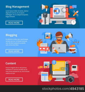 Blogging Flat Banners. Horizontal blogging and blog management flat banners with blogger sharing content isolated vector illustration