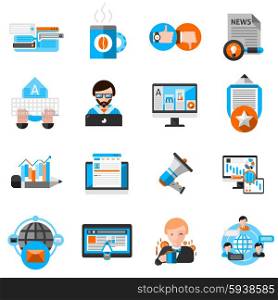 Blogging Icons Set. Blogging icons set with laptop coffee and communication symbols flat isolated vector illustration