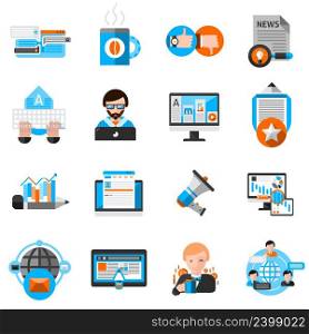 Blogging icons set with laptop coffee and communication symbols flat isolated vector illustration .  Blogging Icons Set