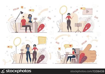 Blogging Man and Woman, Live Video Streamer, Vlogger Characters Set. People Writing Post in Blog, Streaming, Broadcasting Live Video Online, Communicating with Follower Trendy Flat Vector Illustration